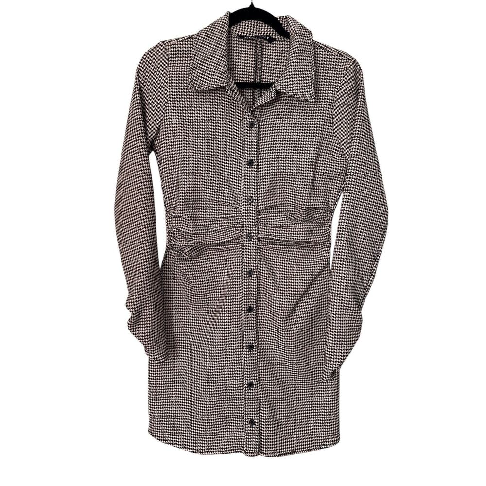 Zara Dress Size M Beige Black Houndstooth Long Sleeve Button Front Cinched Waist